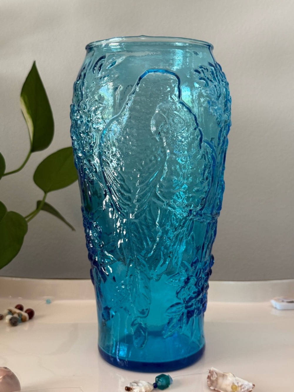 Vintage Indiana Glass Tiara Exclusives Parrot and Floral Vase Auqua Blue